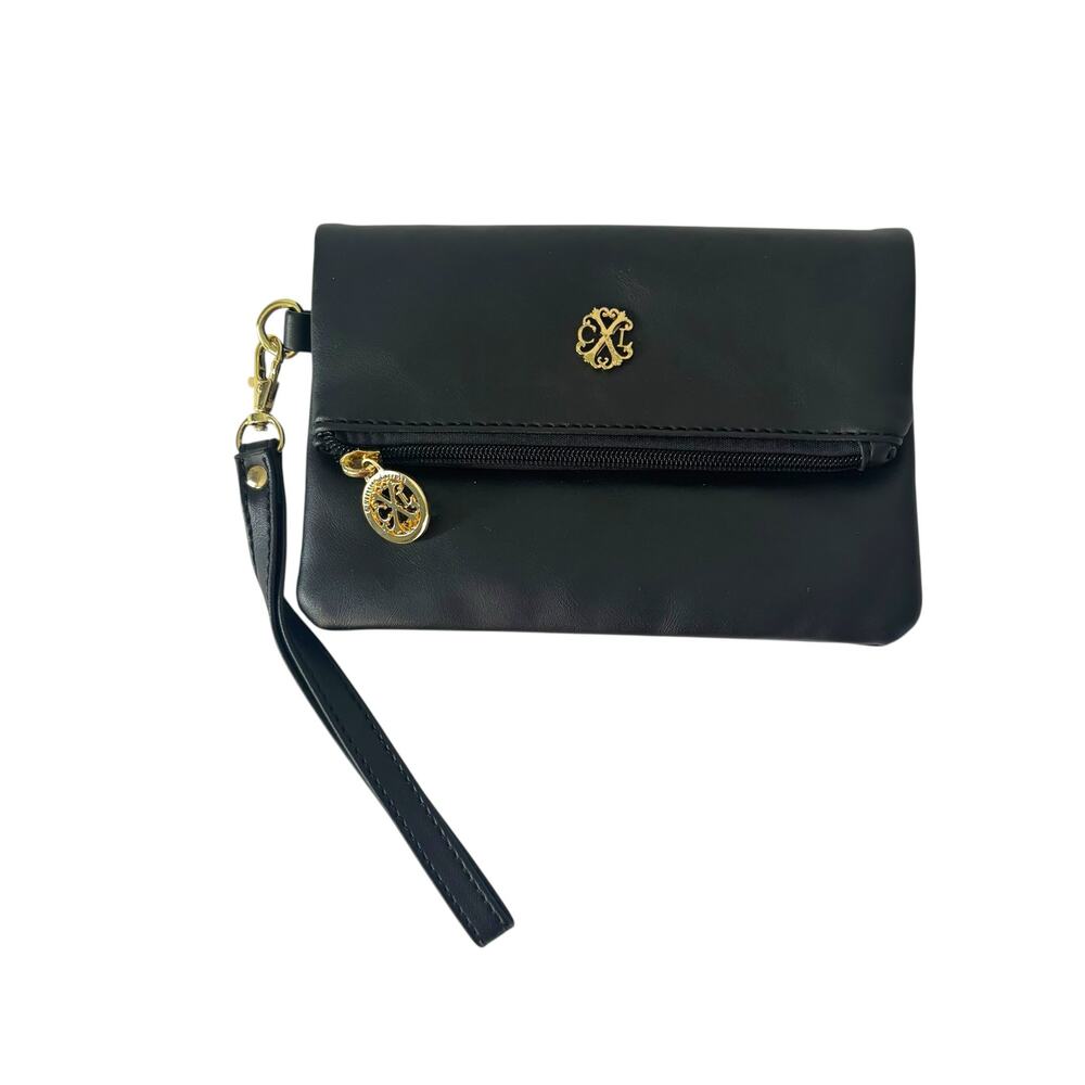 Christian Lacroix Fold Over Black Clutch Wristlet Logo Zip